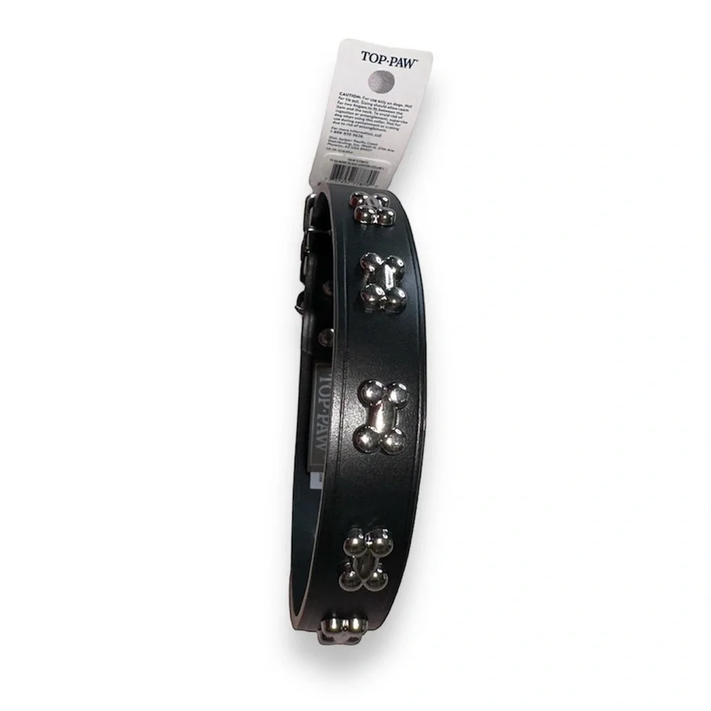 BLACK LEATHER BONE STUDDED DOG COLLAR · SIZE L · TOP PAW · NWT - Picture 1 of 6